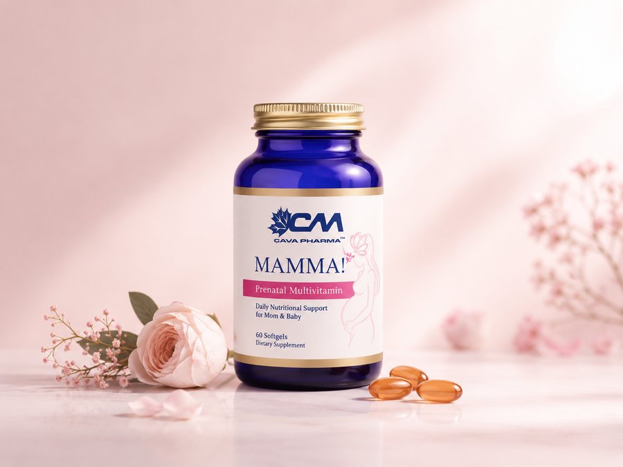Çava Pharma prenatal wellness supplement bottle with softgels and floral styling, representing women's and family wellness products